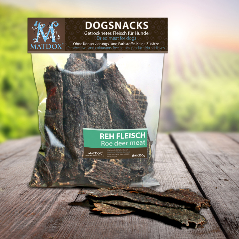 Matdox Hundesnack Big-Pack Rehfleisch 300g Beutel Rock, Werbung, Plakat