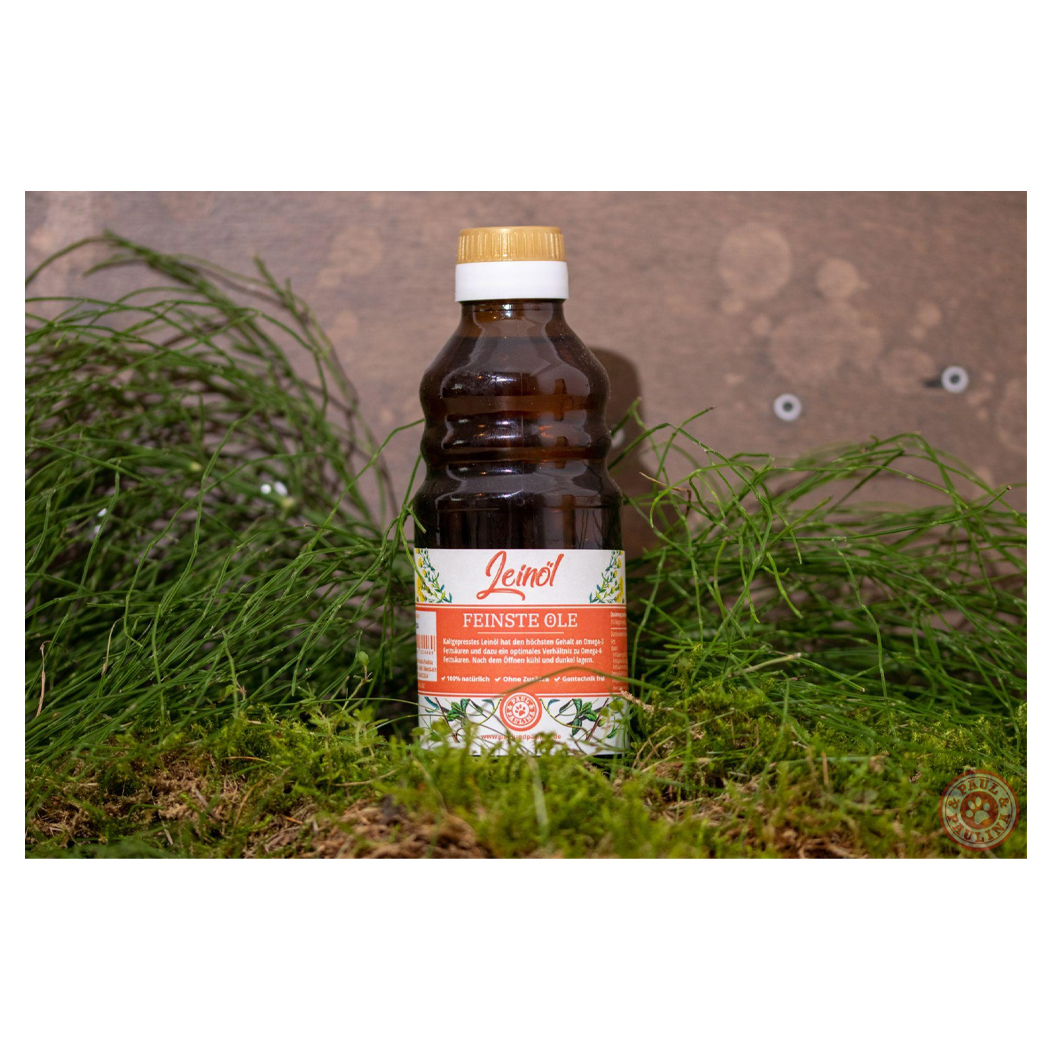 Honigpollen?, Leinöl, Ölflasche, braun, Etikett