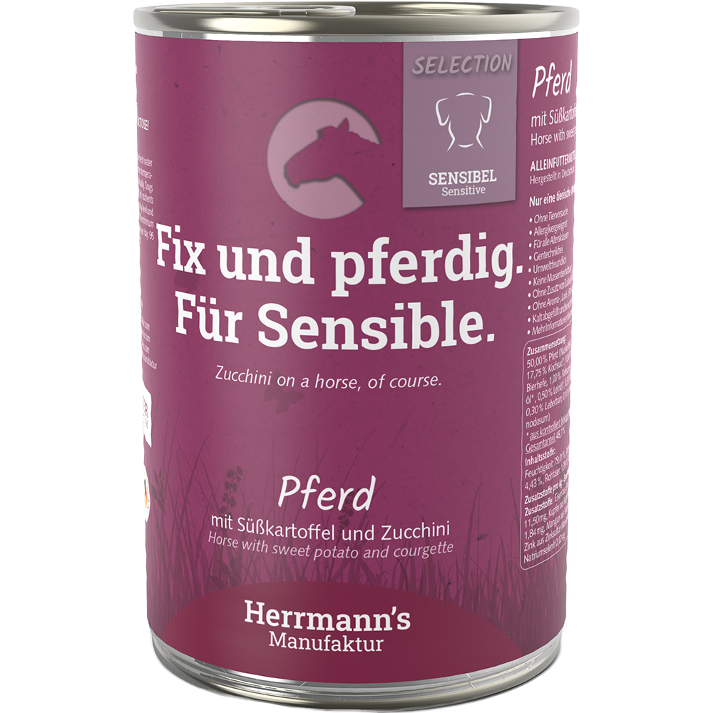 Hundefutter, Pferd, Zucchini, Süßkartoffel, Dosenverpackung