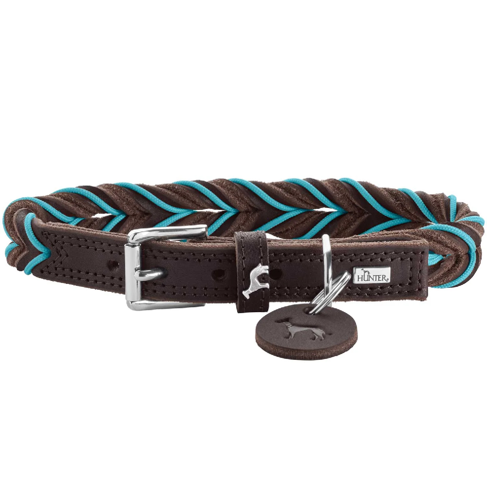Halsband, Leder, geflochten, braun, türkis