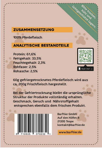 BARFTIER Pferdefleisch gefriergetrocknete Leckerchen 60g