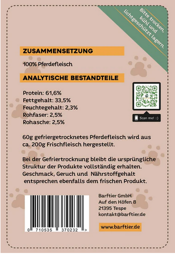 Pferdefleisch, Trockenfleisch, Hunde-Leckerlis, Fleischsnack, 60g Trockenfleisch