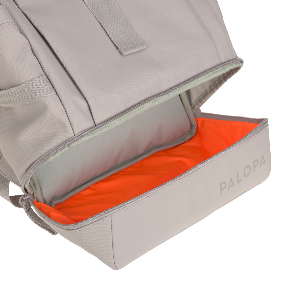 Rucksack, Isolierfach, Reißverschluss, beige, orangefarbenes Innenfutter