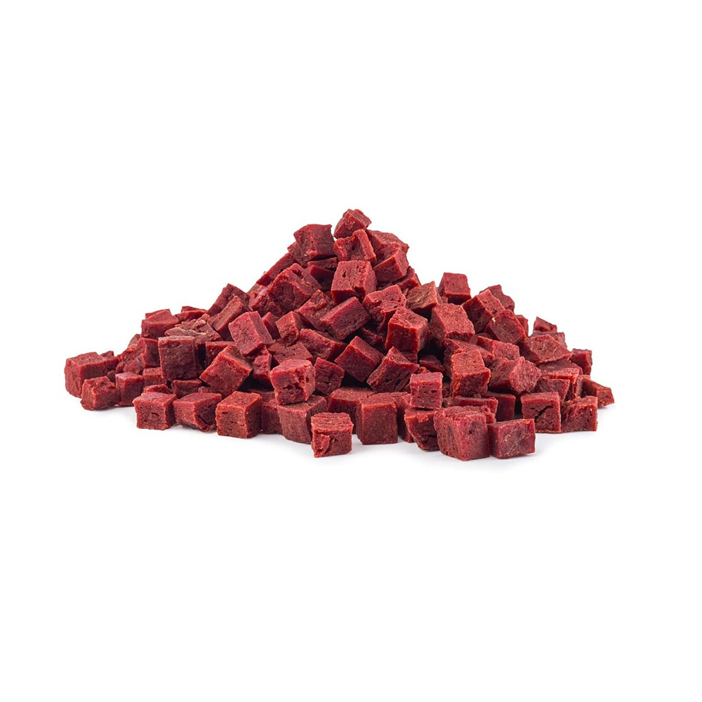 Rote Würfel, Fleischwürfel, Rinderwürfel, Fleischsnack, würfelförmig