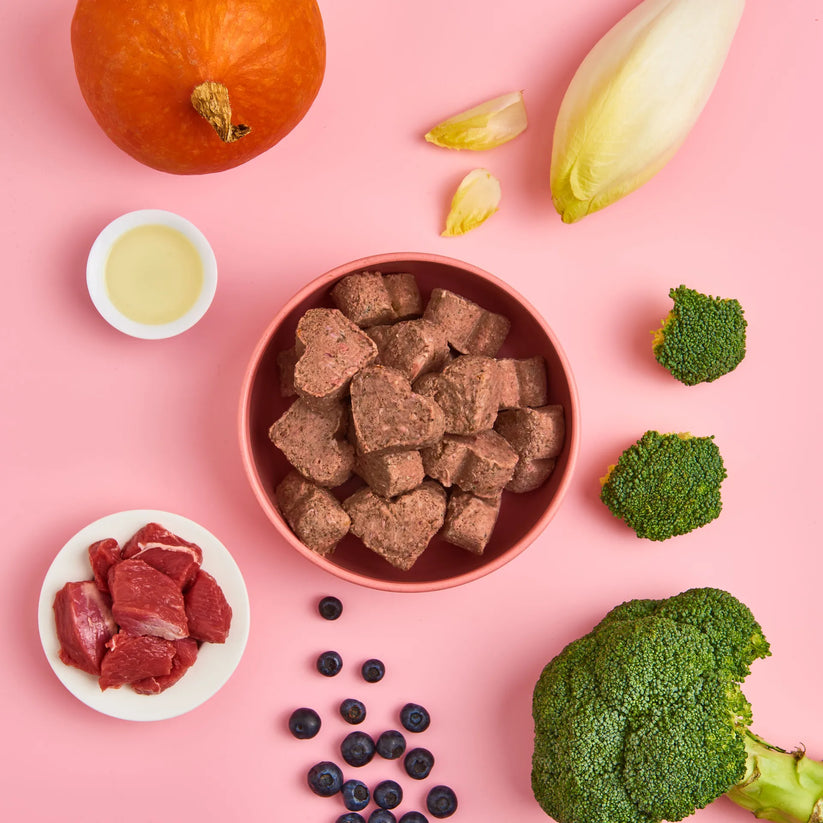 protein chunks, beef, broccoli, blueberries, pumpkin