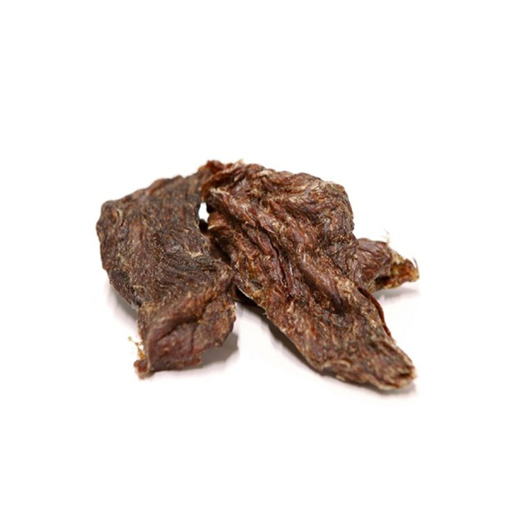Rindfleischstreifen, Trockenfleisch, Snack, dunkelbraun, knusprig