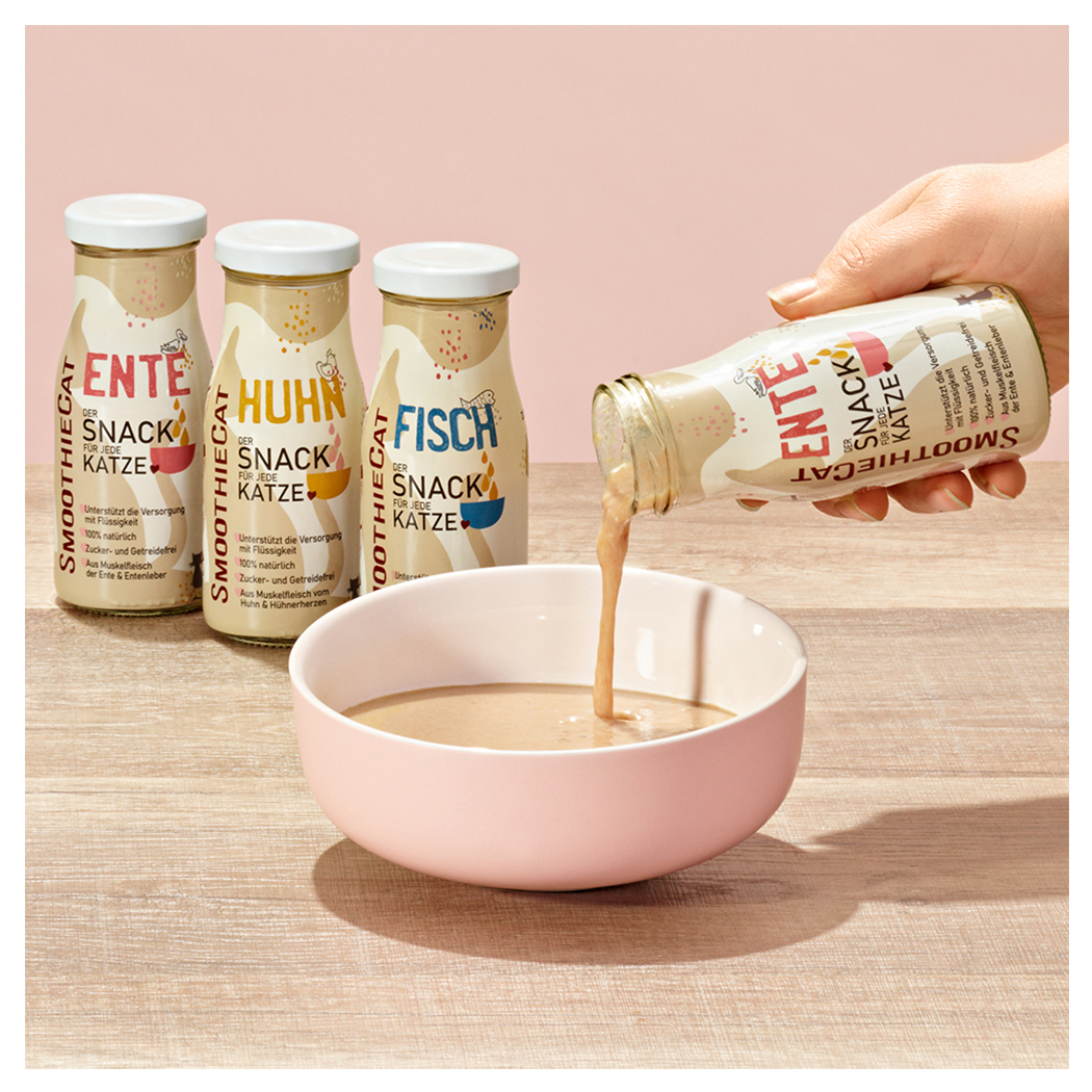 Snack, Katzensnacks, Getränkepulver, Flaschenetikett, Rosa Schüssel