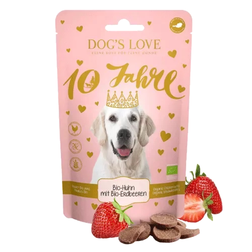 DOG’S LOVE Hundeleckerlis Chips Bio Huhn mit Bio Erdbeeren 150g AT-ÖKO-902