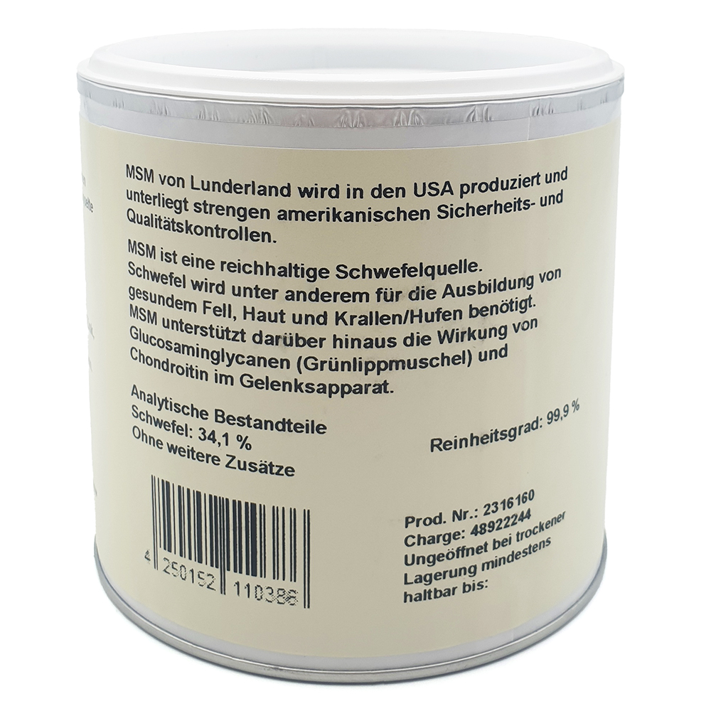 MSM-Pulver, Tierergänzungsfutter, Schwefelquelle, 99,9 % Reinheit, Metallverpackung