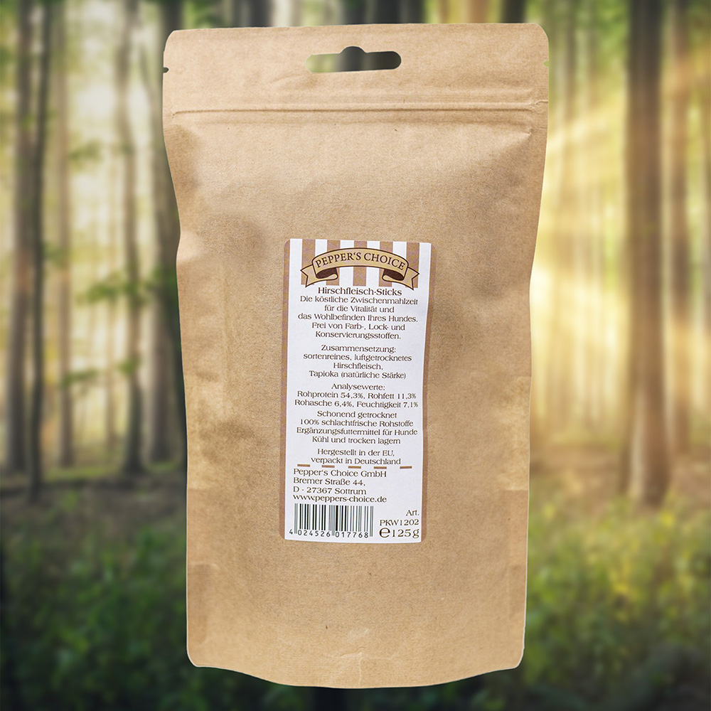 Hundefutter, Paket-Beutel, Hochwertiges Futter, Trockenfutter, Hirschfleisch-Sticks