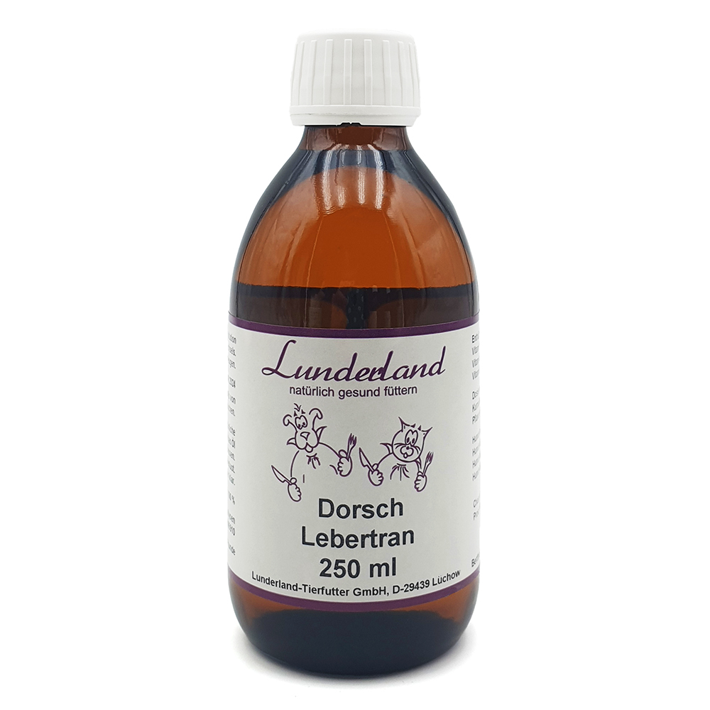 Dorsch Lebertran, 250 ml, Flüssiges Nahrungsergänzungsmittel, Tierfutterzusatz, braune Flasche