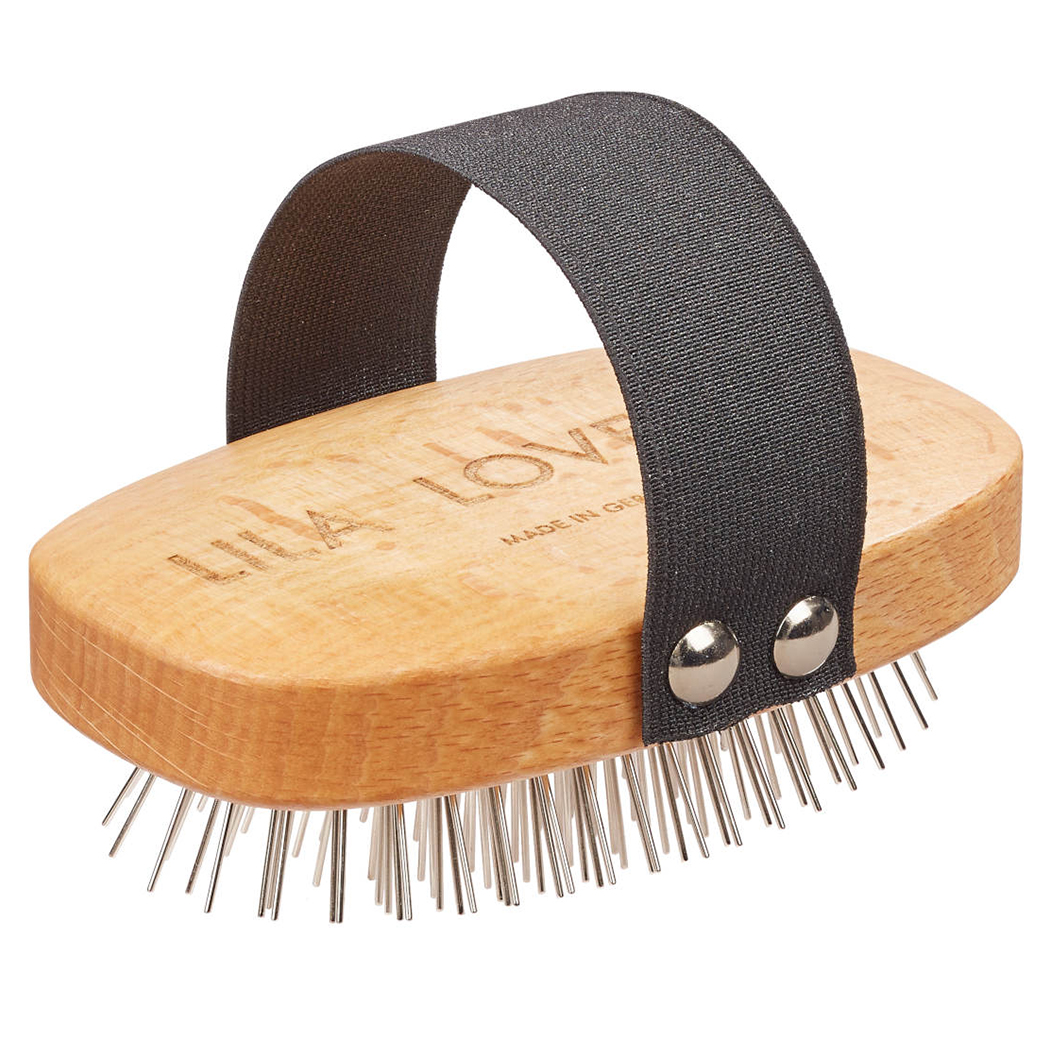 Haarbürste, Körperbürste, Stahlborsten, Holzgriff, Verschlussband