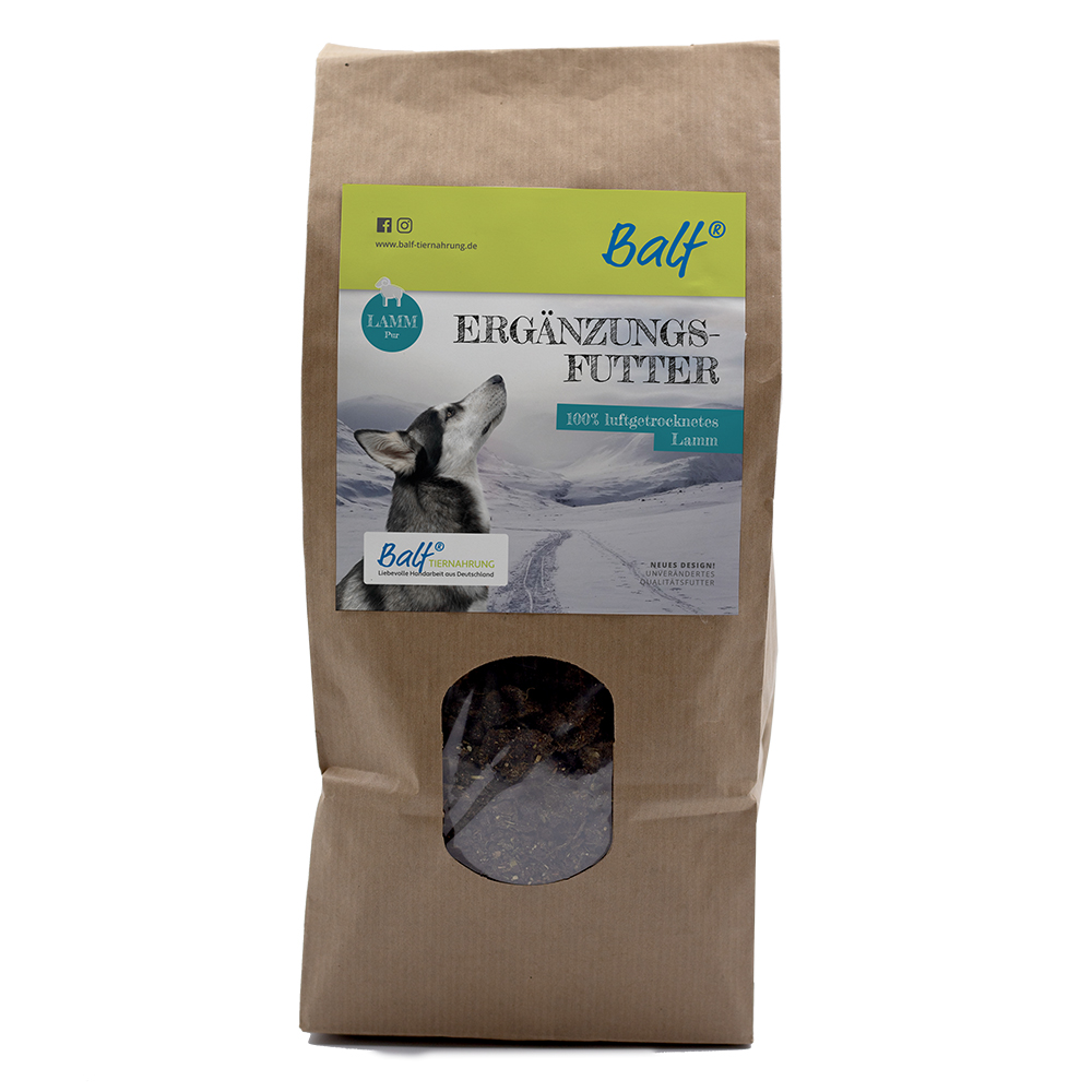 Ergänzungsfutter, Lammfleisch, Hundeernährung, Trockenfutter, Beutel mit Loch