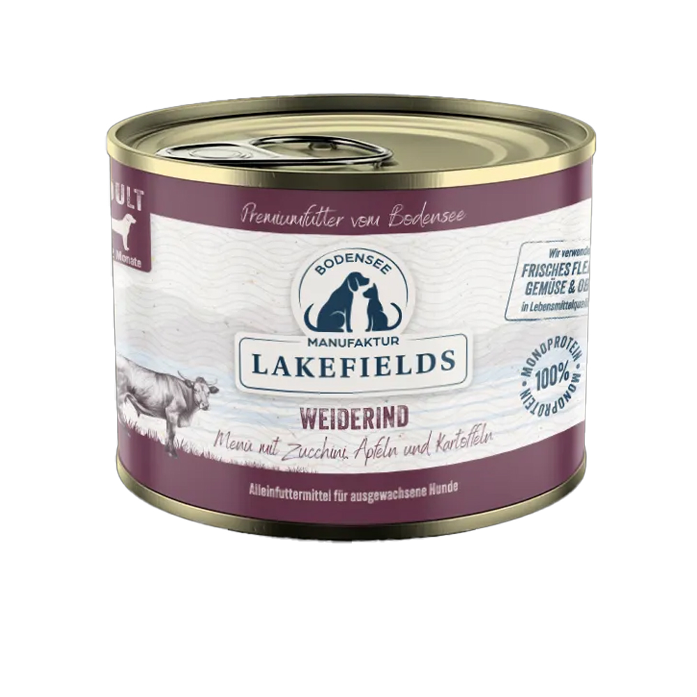 Hunde-Nahrung, Dosenfutter, Weiderind, Zutaten Zucchini Äpfeln Kartoffeln, Lakefields