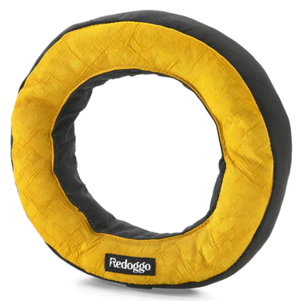 indoor ring, neck pillow, gelb schwarz, gepolsterter ring, Redoggo Etikett