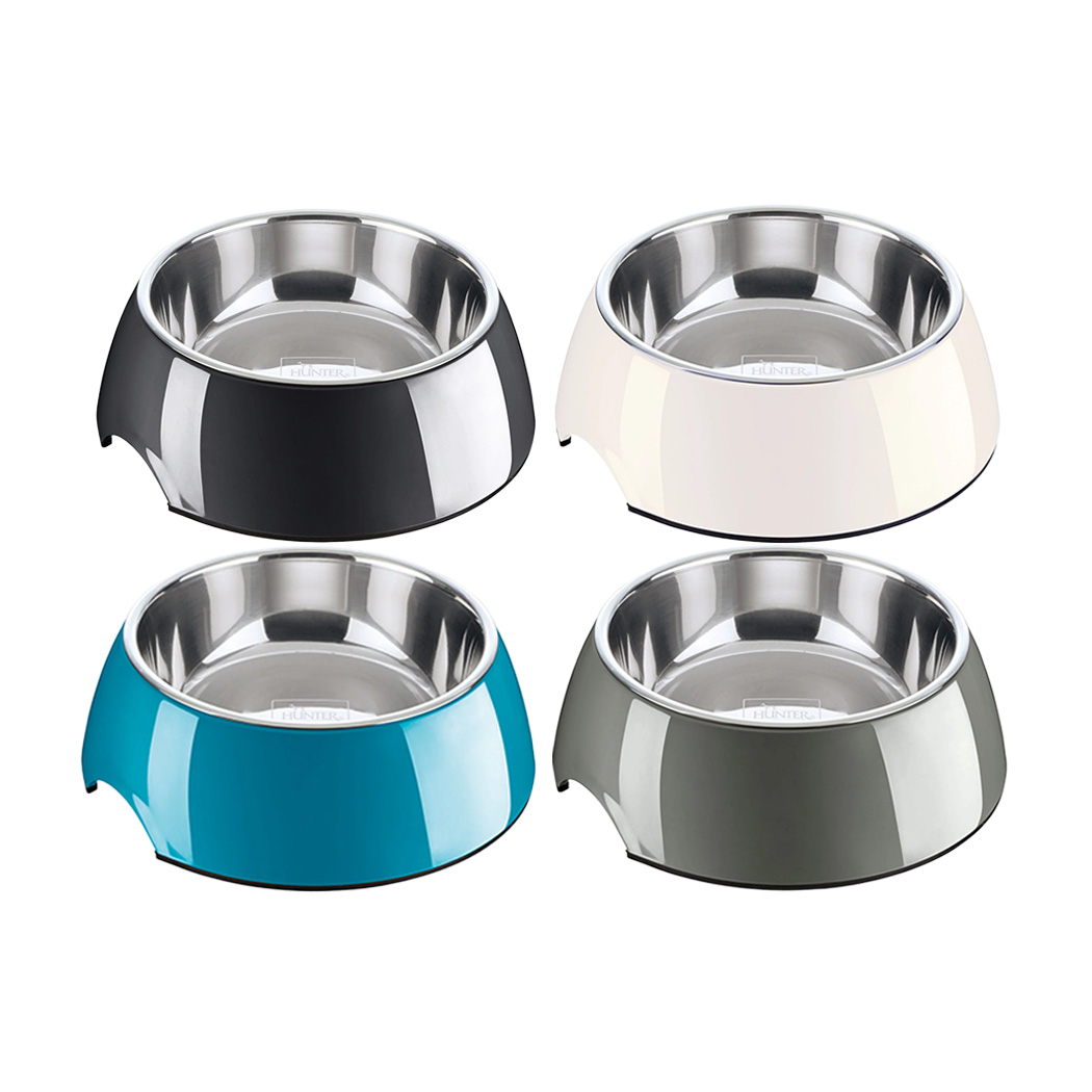 Futterschüssel, Edelstahlrand, bunte Basis, Breite Schüssel, Anti-Rutsch-Unterseite