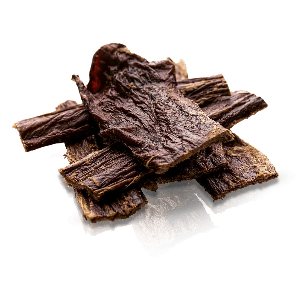 Rinderjerky, Trockenfleisch, Deli Snack, dunkelbraun, Streifen