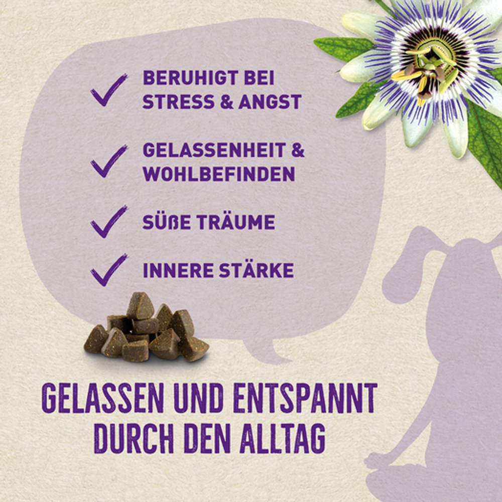 Beruhigungsmittel, Kräuterpellets, braune Stückchen, Passionsblume, Schlafunterstützung