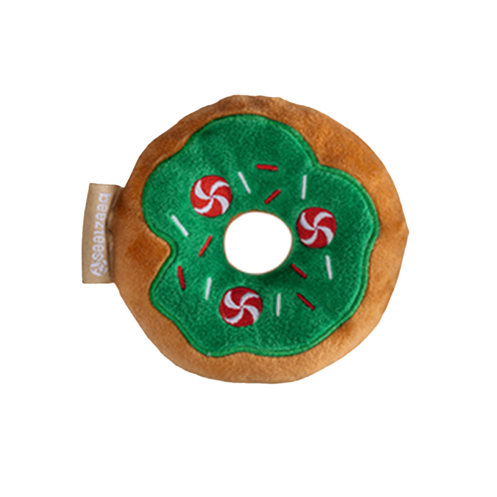 Hundespielzeug, Donutform, Plüsch, grün-braun, Weihnachtsmotiv