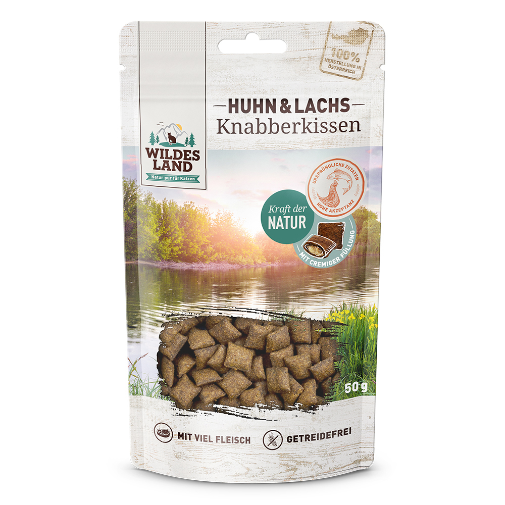 Wildes Land Katzen Knabberkissen Huhn und Lachs 50g - Katze Pflanze, Kräuter
