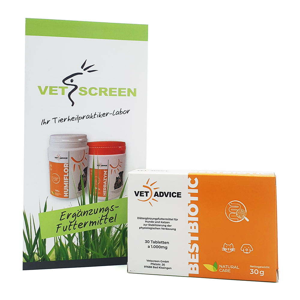 Vetscreen Bestbiotic - Vitalstoffe für die Darmgesundheit für Hunde und Katzen 30g Kräuterig, Kräuter, Pflanze, Flasche