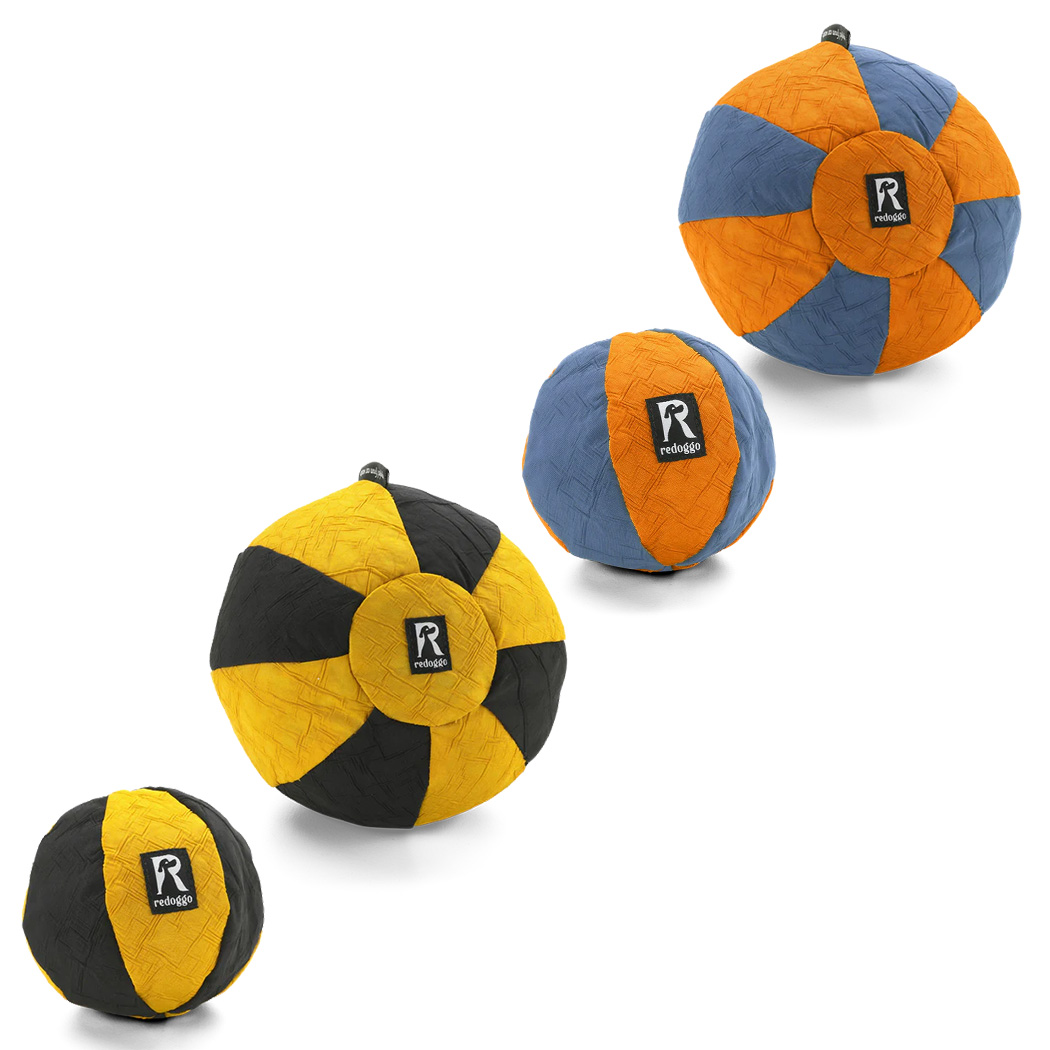 Kunststoffball, Gartenball, Patchwork-Design, orange/blau/gelb, Reddoggo-Logo