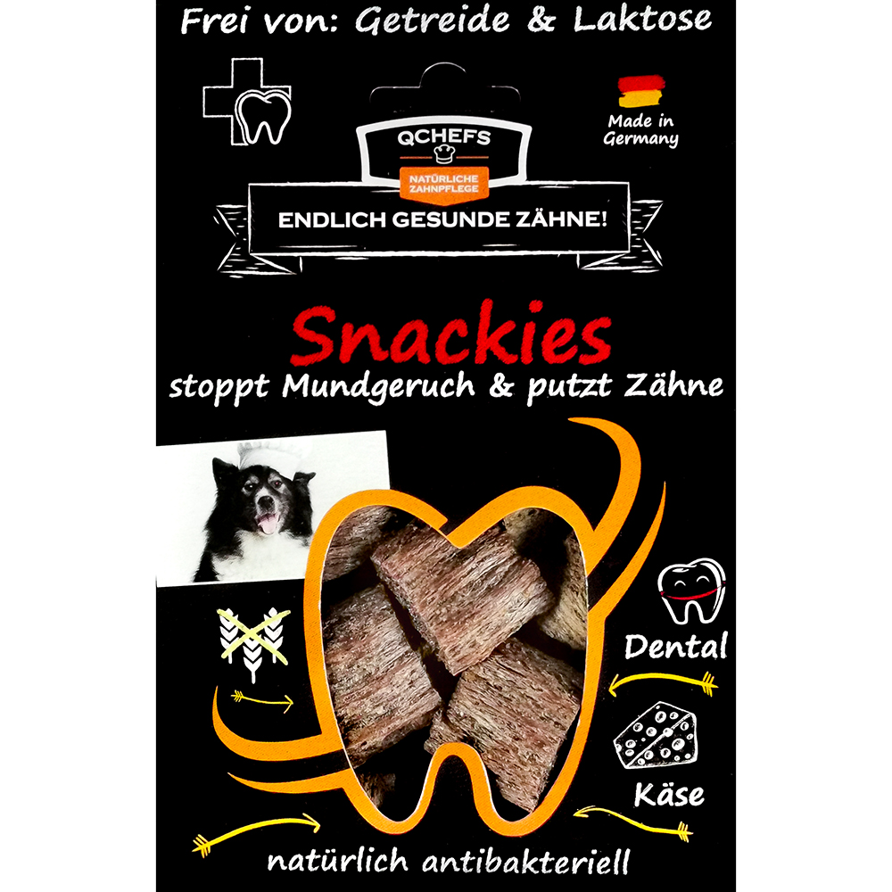 QCHEFS Snackies 65g Werbung, Plakat, Hund, Säugetier, Haustier