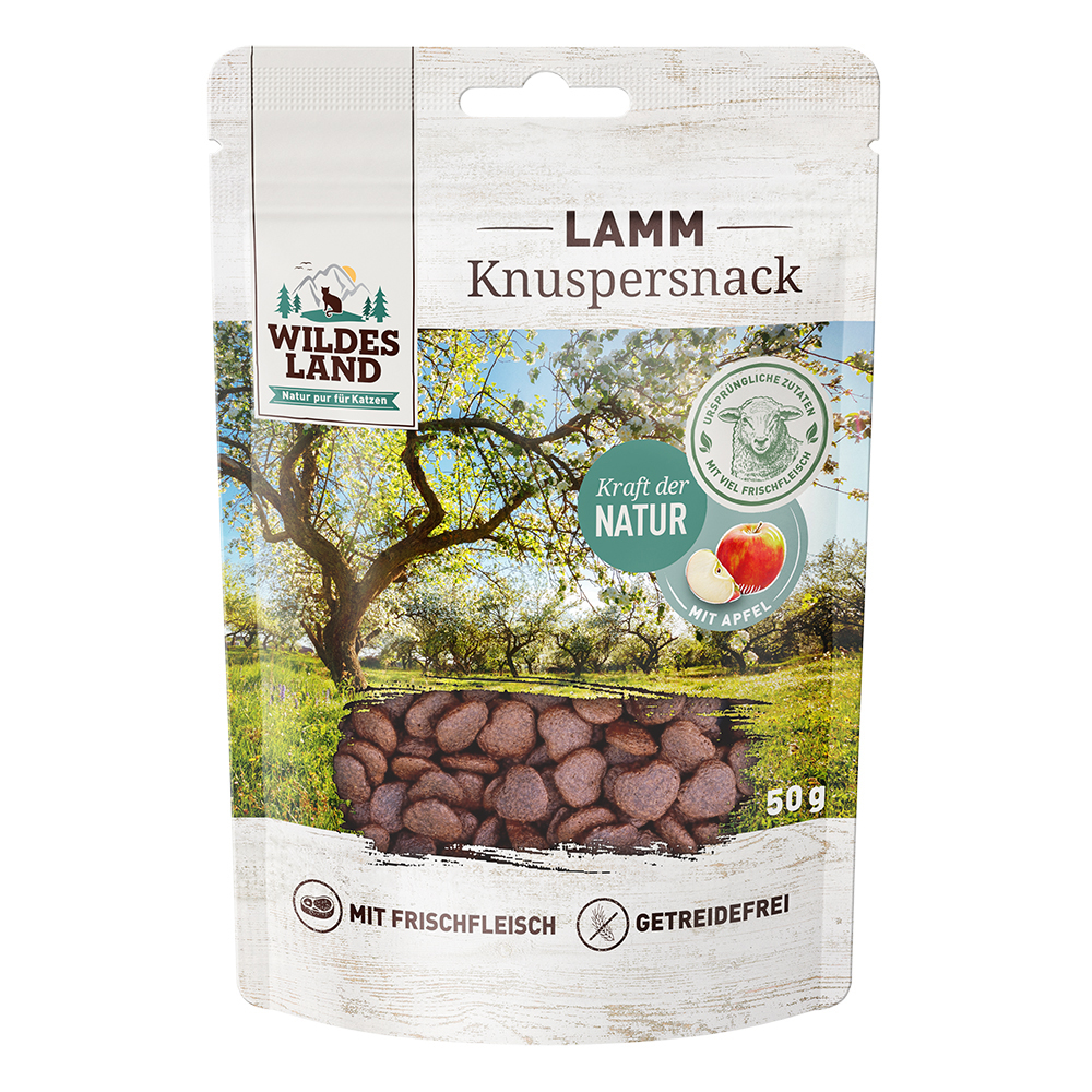 Wildes Land Knuspersnack Lamm mit Apfel 50g - Katze Kakao, Nachtisch, Essen, Kräuterig, Pflanze