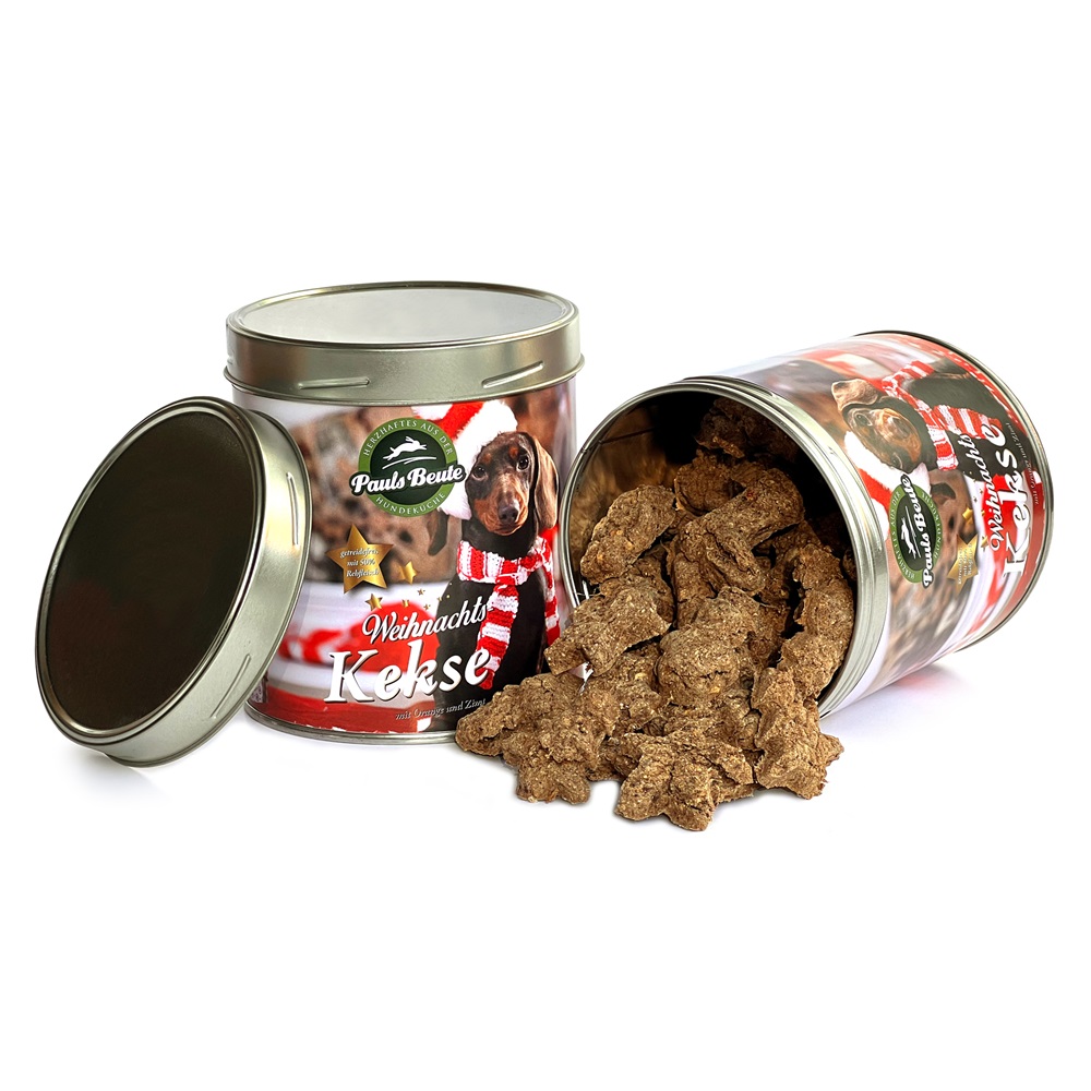 Pauls Beute Weihnachtsdose mit getreidefreien Reh-Keksen 250g Zinn, Hund, Säugetier, Haustier