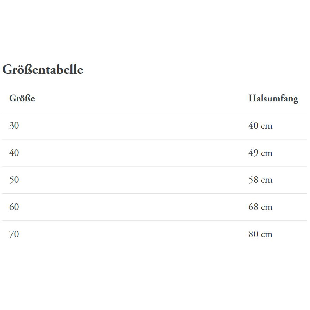Größentabelle, Größe, Halsumfang, 40 cm, 80 cm