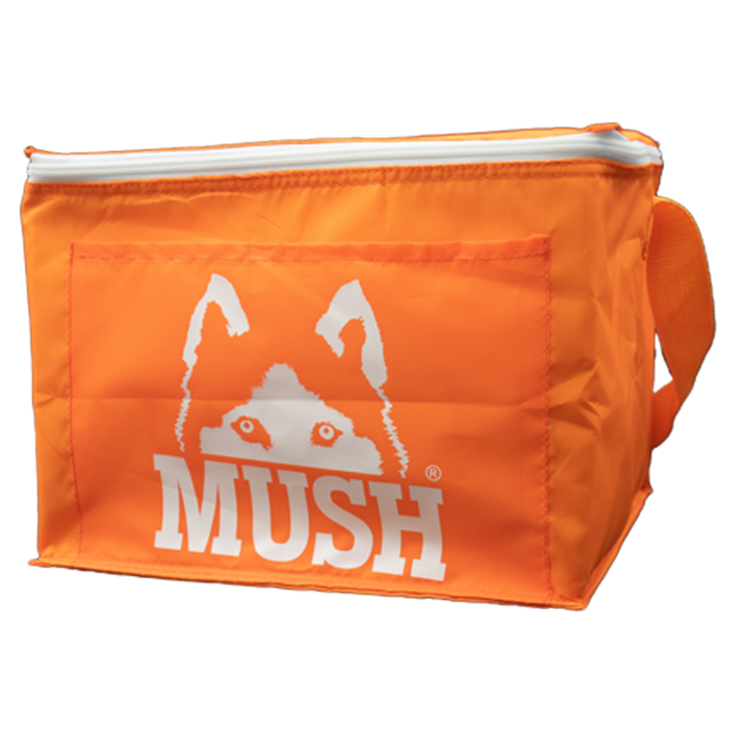 orange bag, zippered pouch, carry pouch, MUSH logo, dog image