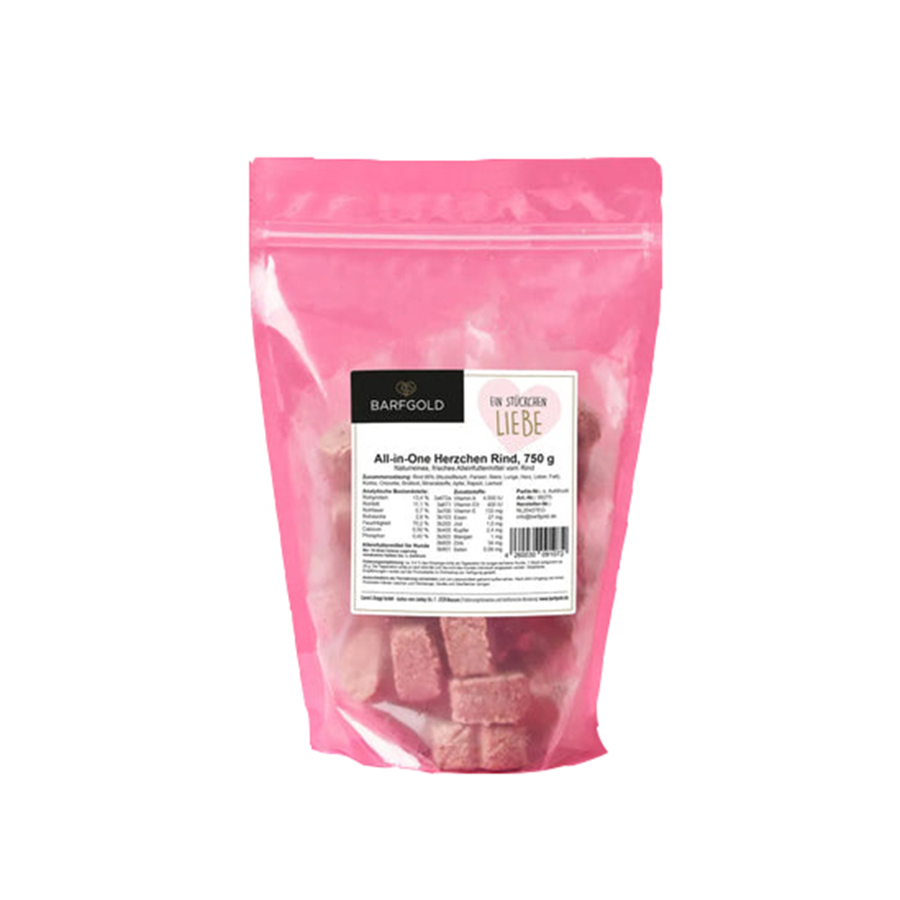 pink packaging, Hundesnacks, Würfelstücke, All-in-One Rind, Barfgold