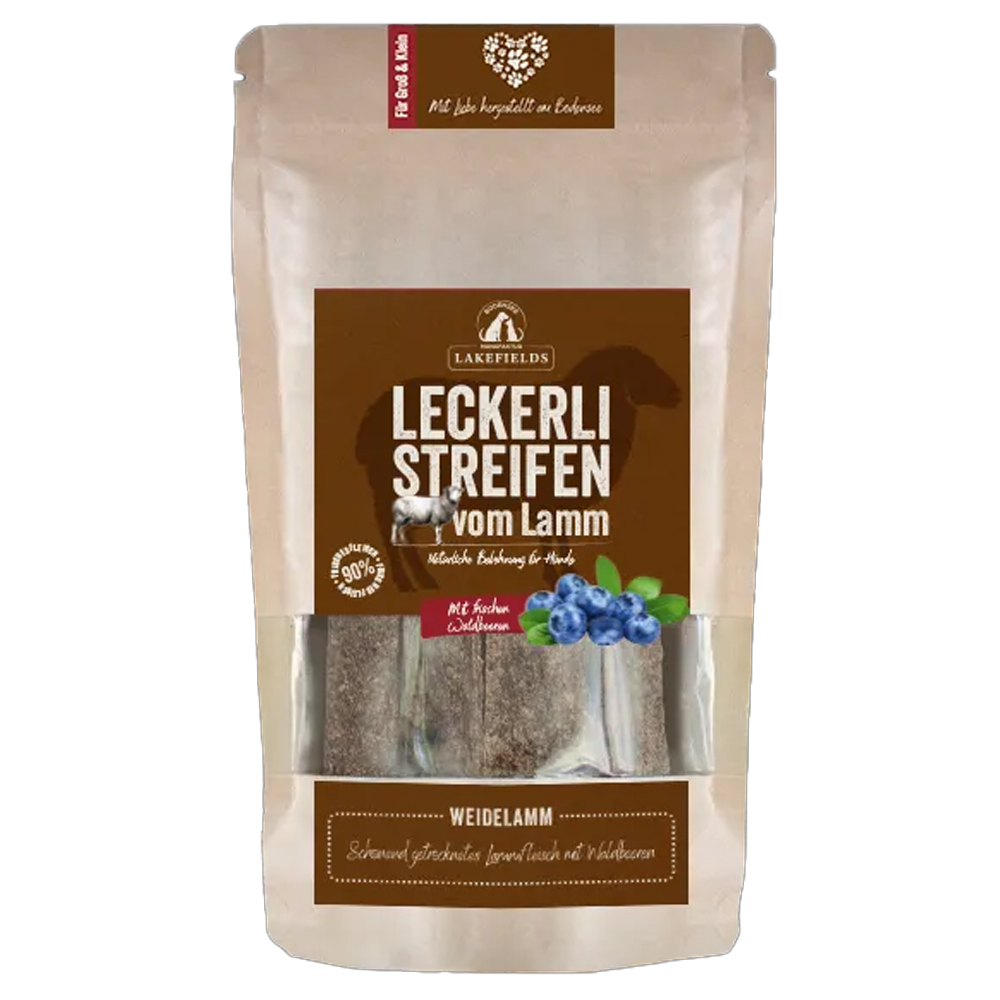 Lamm Leckerli, Leckerli Streifen, Weidelamm, Blaubeeren, Snack