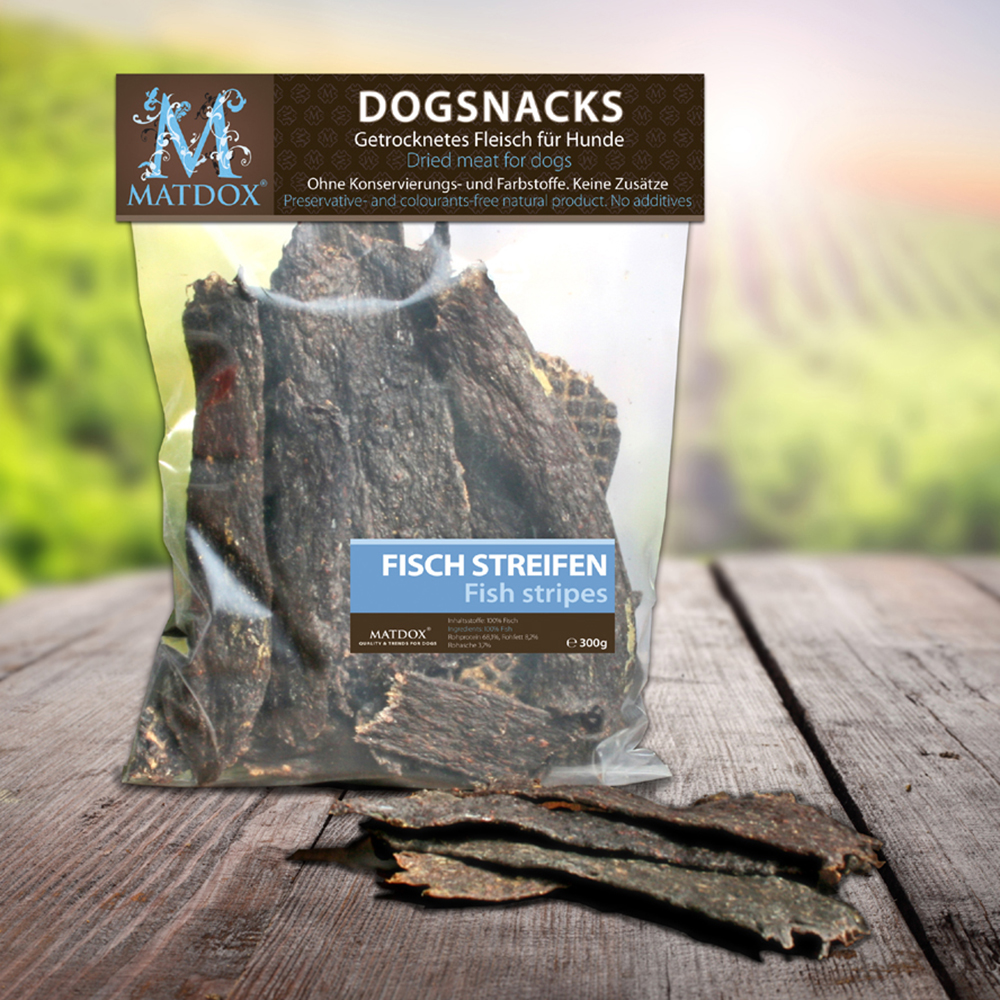 Hundesnacks, getrocknetes Fleisch, Fischstreifen, Dörrfleisch, Knabbersnack