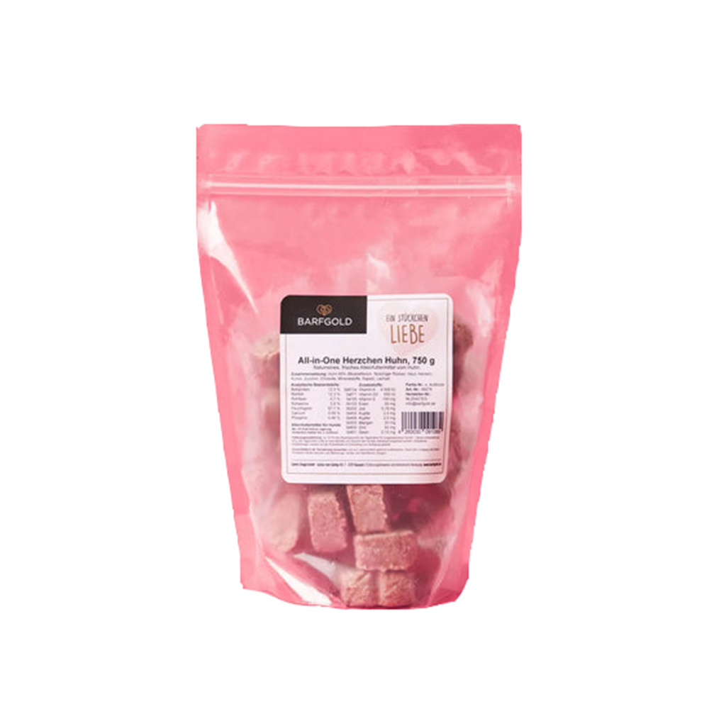 Hundefutter, Knusperstücke, pinkes Beutel, Barfgold, All-in-One Herzchen