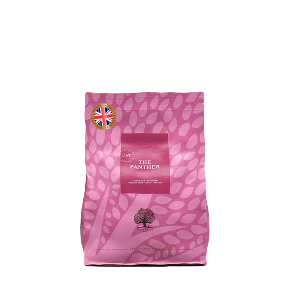 Katzenfutter, Panther, rosaTasche, Plasticverpackung, UK-Flaggenaufkleber