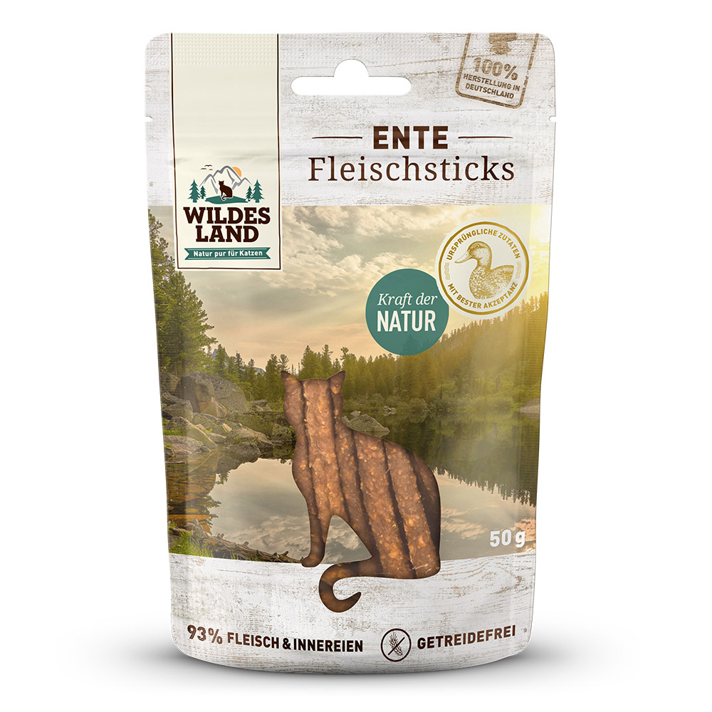Wildes Land Fleischsticks Ente 50g - Katze Holz