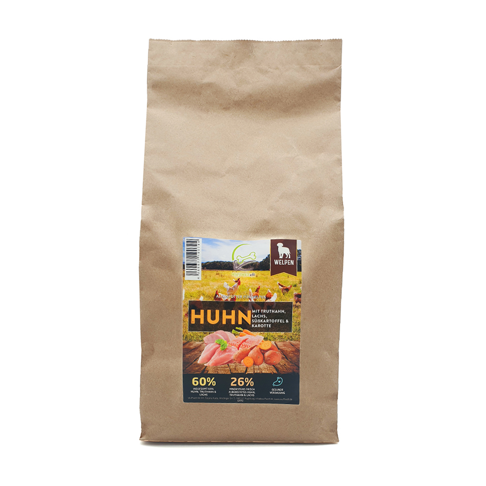 Wuffwelt Trockenfutter Welpe Huhn mit Truthahn, Lachs, Süßkartoffel & Karotte 2kg und 6kg Tasche