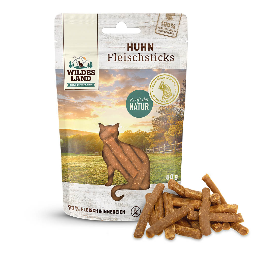 Huhn Fleischsticks, Katzenleckerlis, Fleischsnacks, 50 g, Wildes Land