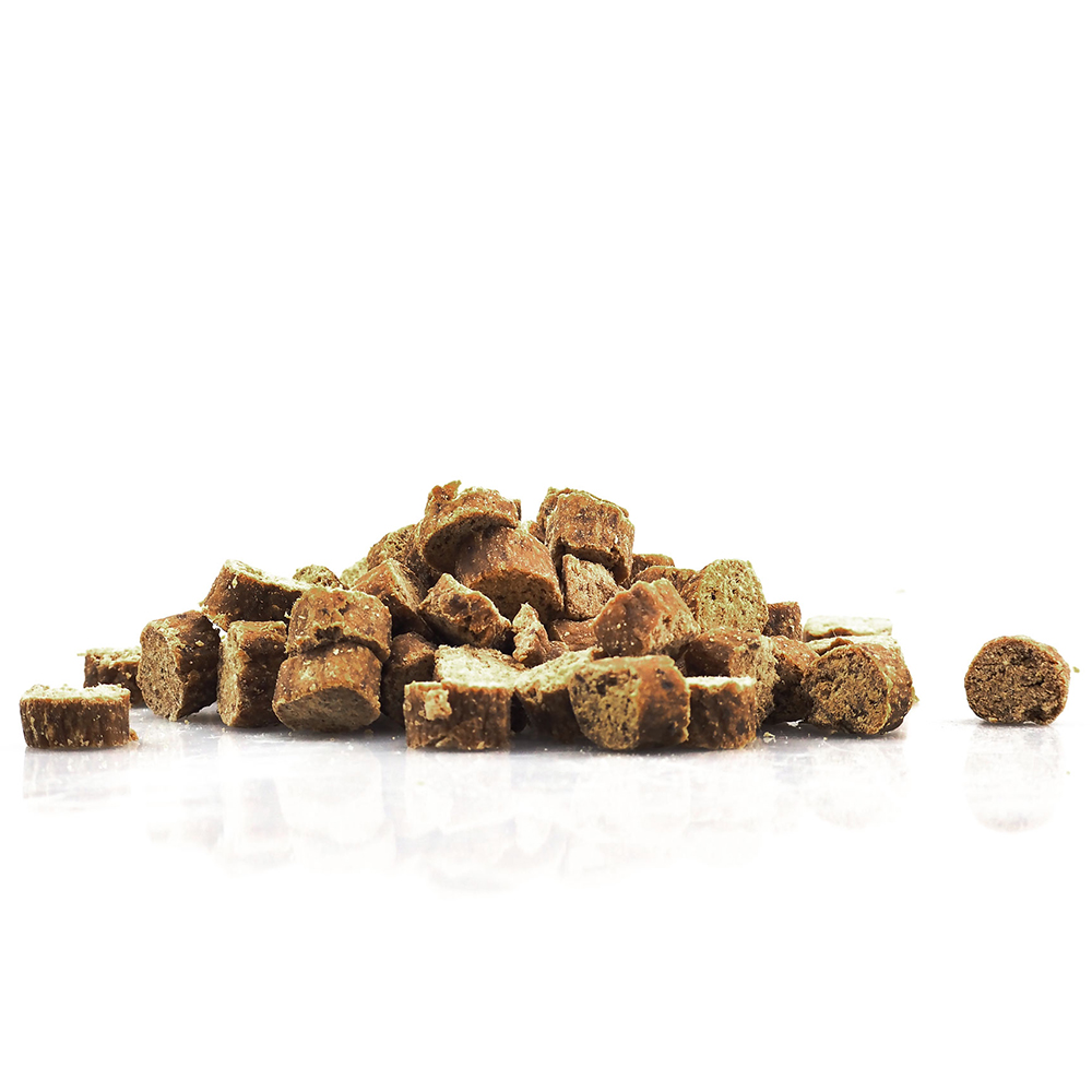 Trockene Kroketten, Tierfutter, Knabberstücke, Kleine Würfel, Brösel