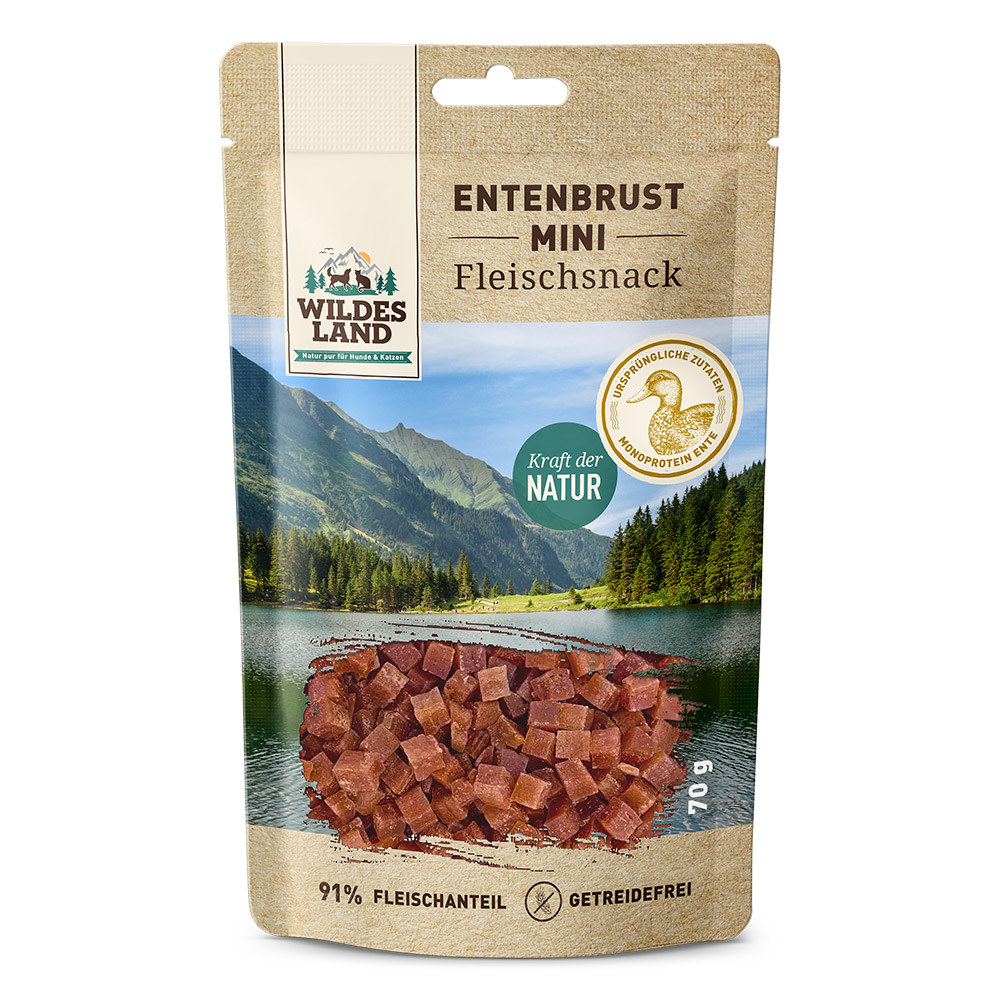 Wildes Land Entenbrust Mini 70g - Katze u. Hund Essen, Fleisch, Schwein, Kräuter, Pflanze
