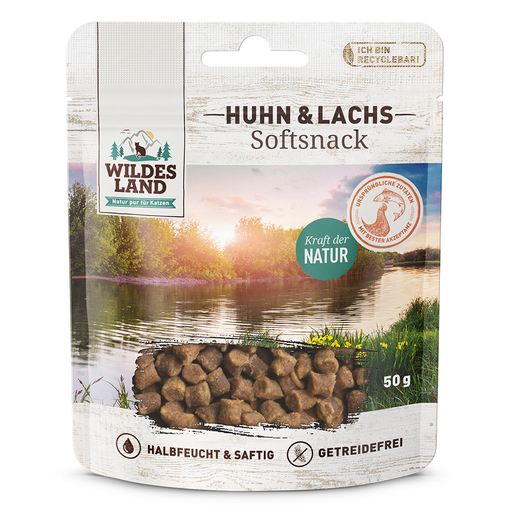 Softsnack, Katzenfutter, Huhn & Lachs, 50 g, getreidefrei