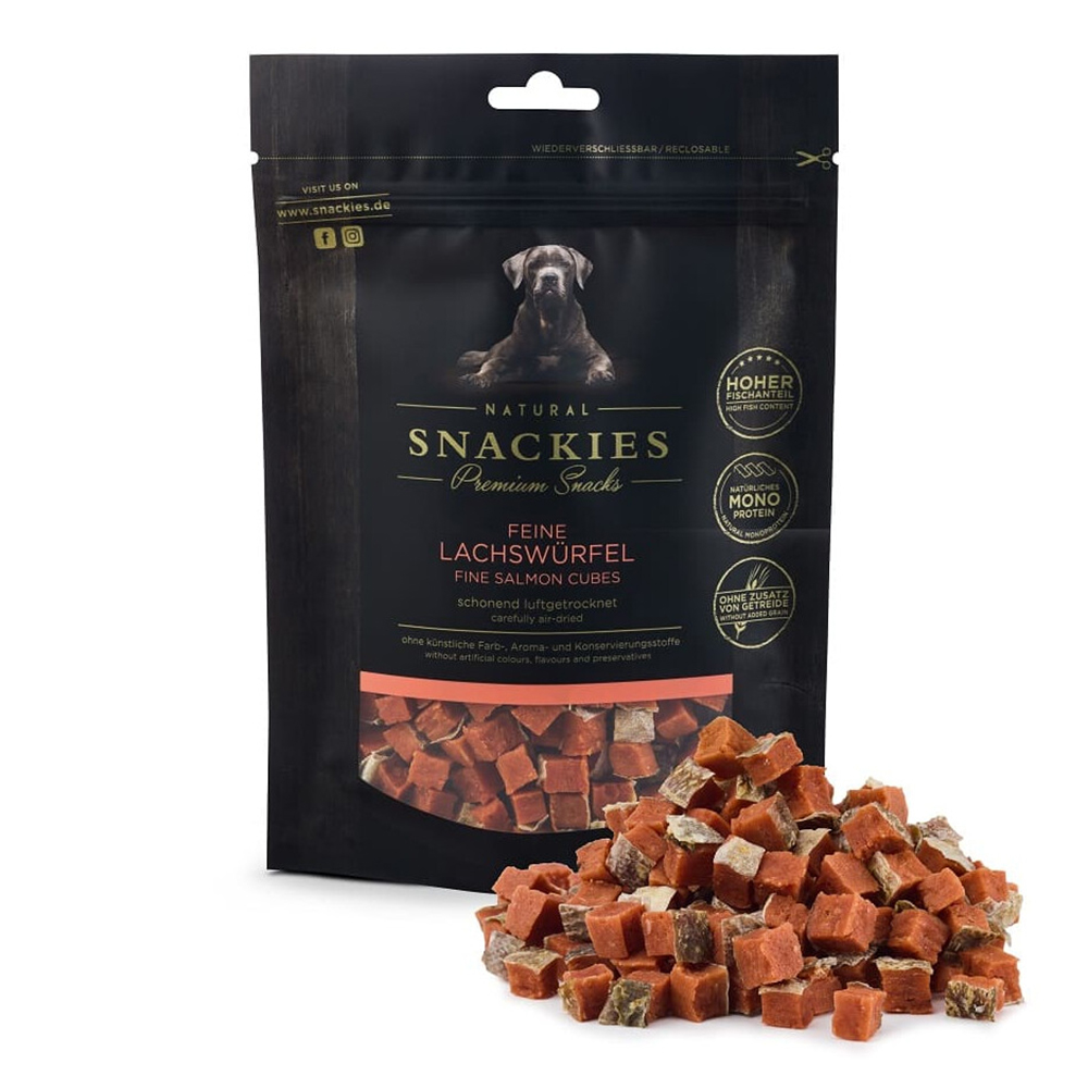 Snackies, Häppchen, Lachswürfel, Fischsnacks, Kauartikel