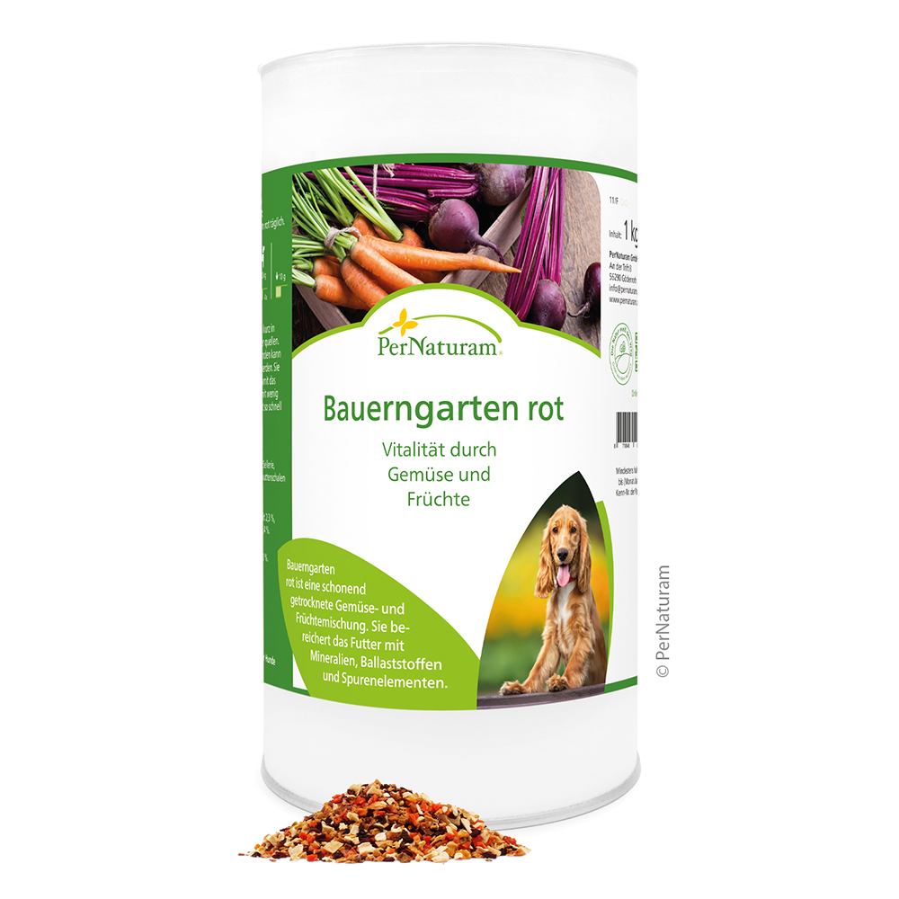 tierfutter, hundeernährung, trockenfutter, bauerngarten rot, gemüse-früchte-futter