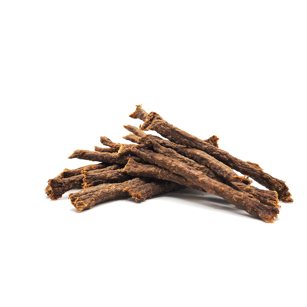 Rindfleischstreifen, Trockenfleisch, Snack, dunkelbraun, knusprig