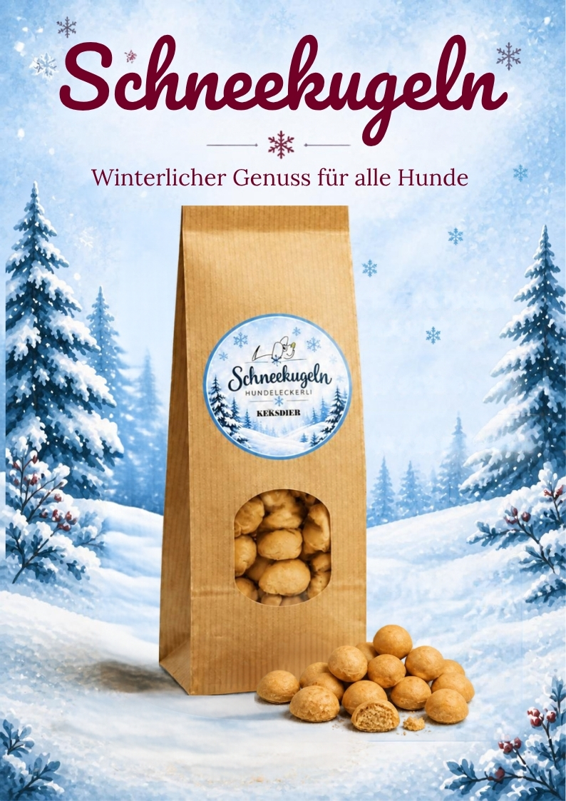 Hundekekse, Kraftpapierbeutel, Sichtfenster, runde Kekse, Wintermotiv