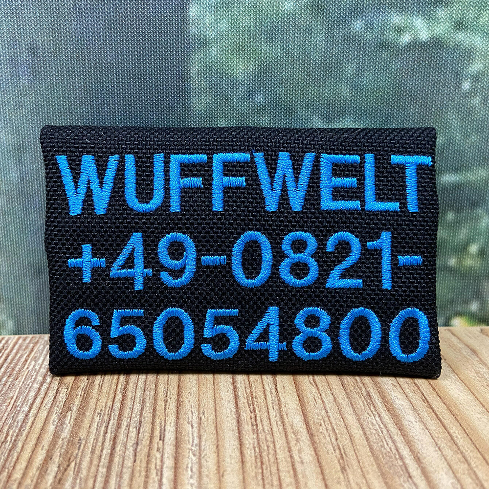 patch, stickerei, text, blau, schwarz