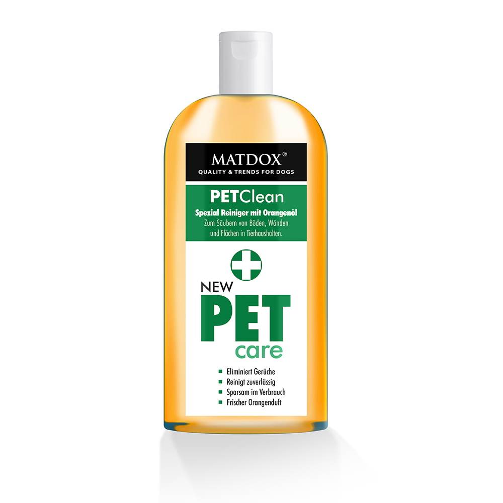 Pet cleaner, Hundeshampoo, Orangenfarbene Flüssigkeit, Grüne Beschriftung, PET Care