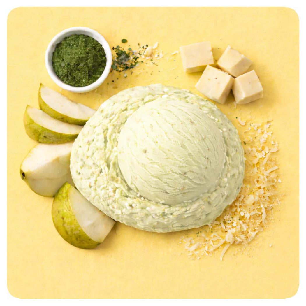 eis, grünes eis, birne, käse, pesto sos