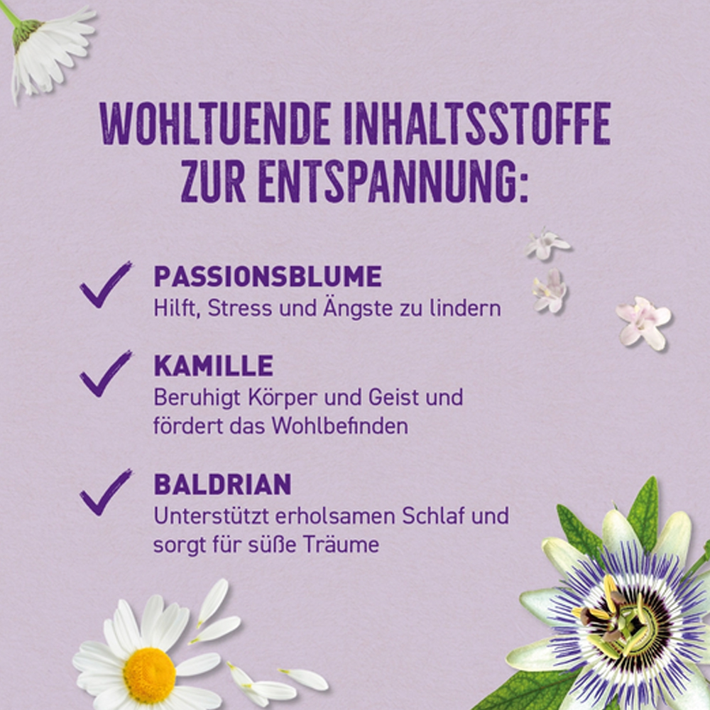 Passionsblume, Kamille, Baldrian, Pflanzenextrakte, Entspannung